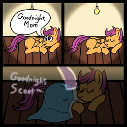 Size: 4096x4096 | Tagged: safe, artist:venaf, imported from derpibooru, scootaloo, ghost, pegasus, pony, absurd resolution, atg 2018, blanket, comic, dead parents, feels, newbie artist training grounds, orphan, sleeping, text