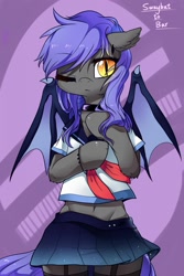 Size: 853x1280 | Tagged: safe, artist:swaybat, imported from derpibooru, oc, oc only, oc:bar, anthro, bat pony, semi-anthro, bat pony oc, belly button, clothes, cute, female, garter belt, garters, midriff, miniskirt, moe, one eye closed, pleated skirt, sailor uniform, skirt, socks, solo, thigh highs, wink, zettai ryouiki