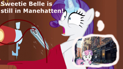 Size: 1280x720 | Tagged: safe, imported from derpibooru, rarity, sweetie belle, pony, unicorn, cutie mark, fabric, female, filly, glowing horn, irl, magic, manehattan, manehatten, manhattan, mare, misspelling, needle, new york city, photo, ponies in real life, sewing machine, telekinesis, the cmc's cutie marks, thought bubble, thread
