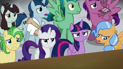 Size: 1024x576 | Tagged: safe, imported from derpibooru, screencap, desert wind, dusty swift, fast break, polo play, rarity, saturn (character), sprout greenhoof, twilight sparkle, alicorn, pony, friendship university, background pony, boomerang (tv channel), las pegasus resident, rarity is not amused, saturn (g4), twilight is not amused, twilight sparkle (alicorn), twilight sparkle is not amused, unamused