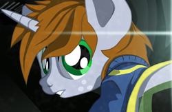 Size: 4295x2800 | Tagged: safe, artist:aaronmk, imported from derpibooru, oc, oc only, oc:littlepip, pony, unicorn, fallout equestria, atg 2018, clothes, fanfic, fanfic art, female, horn, jumpsuit, mare, newbie artist training grounds, solo, teeth, vault suit