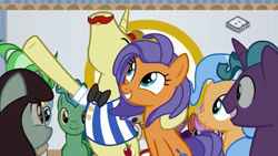 Size: 1024x576 | Tagged: safe, imported from derpibooru, screencap, dusty swift, fast break, fat stacks, fiery fricket, flam, frying pan (character), rosy pearl, sprout greenhoof, pony, friendship university, background pony, boomerang (tv channel), frying pan (g4), las pegasus resident