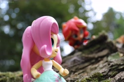 Size: 6000x4000 | Tagged: safe, artist:artofmagicpoland, imported from derpibooru, fluttershy, sunset shimmer, equestria girls, clothes, doll, equestria girls minis, eqventures of the minis, exploitable meme, female, lesbian, looking at each other, meme, nature is so fascinating, relaxing, shipping, skirt, spying, sunshyne, tanktop, toy