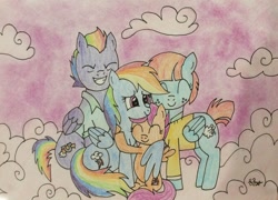 Size: 1024x736 | Tagged: safe, artist:iistarshineii, imported from derpibooru, bow hothoof, rainbow dash, scootaloo, windy whistles, atg 2018, cute, eyes closed, family, happy, hug, newbie artist training grounds, scootalove, smiling, traditional art, winghug