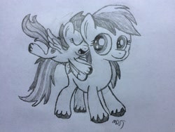 Size: 3264x2448 | Tagged: safe, artist:mopar96, imported from derpibooru, rainbow dash, scootaloo, pegasus, pony, atg 2018, duo, happy, hug, monochrome, newbie artist training grounds, scootalove, traditional art, unshorn fetlocks