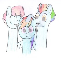 Size: 1441x1387 | Tagged: safe, artist:zypdvwasarting, imported from derpibooru, bow hothoof, rainbow dash, windy whistles, atg 2018, family, head pat, long neck, newbie artist training grounds, pat, traditional art