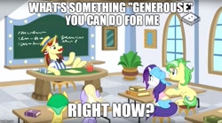 Size: 896x499 | Tagged: safe, edit, edited screencap, imported from derpibooru, screencap, flam, rarity, sweet buzz, wintergreen, earth pony, pegasus, pony, unicorn, friendship university, alternate hairstyle, backwards ballcap, baseball cap, book, boomerang (tv channel), cap, chair, chalkboard, clothes, desk, female, hat, hooves on the table, image macro, las pegasus resident, male, mare, meme, misspelling, pencil, plainity, plant, saturn (g4), stallion, underhoof