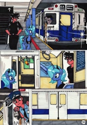 Size: 2079x2985 | Tagged: safe, artist:newyorkx3, imported from derpibooru, princess luna, oc, oc:mikey, oc:tommy, human, comic:young days, comic, manehattan, s1 luna, subway, traditional art