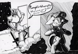 Size: 2450x1728 | Tagged: safe, artist:nekotigerfire, imported from derpibooru, firelight, starlight glimmer, pony, unicorn, atg 2018, clothes, dialogue, edgelight glimmer, hiding, jacket, leather jacket, monochrome, newbie artist training grounds, night, teenage glimmer, teenager