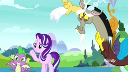 Size: 1920x1080 | Tagged: safe, imported from derpibooru, screencap, discord, spike, starlight glimmer, dragon, pony, a matter of principals, waving, winged spike, wings