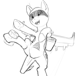 Size: 713x702 | Tagged: safe, artist:tetrapony, imported from derpibooru, oc, oc only, original species, plane pony, pony, armpits, black and white, delta airlines, featureless crotch, grayscale, monochrome, open mouth, plane, simple background, solo, white background