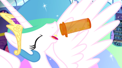 Size: 1824x1026 | Tagged: safe, artist:dwk, imported from derpibooru, princess celestia, alicorn, totally legit recap, eyes closed, female, mare, pills, youtube link