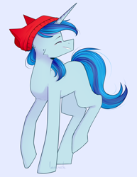 Size: 1280x1661 | Tagged: safe, artist:cupofvanillatea, imported from derpibooru, oc, oc only, pony, unicorn, beanie, blue background, eyes closed, female, hat, mare, simple background, solo