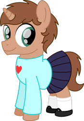 Size: 1235x1768 | Tagged: safe, artist:peternators, imported from derpibooru, oc, oc only, oc:heroic armour, pony, unicorn, clothes, colt, crossdressing, cute, male, mary janes, pleated skirt, pullover, shoes, simple background, skirt, socks, solo, sweater, transparent background, younger