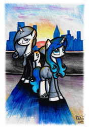 Size: 1024x1460 | Tagged: safe, artist:velvettia, imported from derpibooru, oc, oc only, oc:paragraph, unicorn, clothes, duo, duo female, female, lawyer, necktie, signature, suit, traditional art