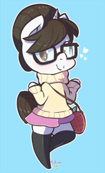 Size: 609x1000 | Tagged: safe, artist:talimingi, imported from derpibooru, raven, anthro, unguligrade anthro, unicorn, blue background, blushing, chibi, clothes, cute, female, glasses, hair bun, mare, moe, ravenbetes, simple background, skirt, socks, solo, sweater, thigh highs