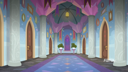 Size: 1920x1080 | Tagged: safe, imported from derpibooru, screencap, the hearth's warming club, background, discovery family logo, doors, hallway, indoors, no pony, potted plant, school of friendship, student quarters