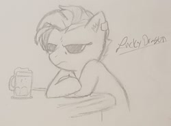 Size: 1545x1137 | Tagged: safe, artist:lucky dragon, imported from derpibooru, oc, oc only, oc:just cause, earth pony, pony, alcohol, beer, ear piercing, female, grumpy, jewelry, mare, mug, piercing, signature, traditional art