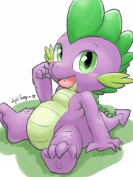 Size: 1200x1600 | Tagged: safe, artist:gamijack, imported from derpibooru, spike, dragon, baby, baby dragon, blushing, chubby, cute, green eyes, male, simple background, sitting, solo, spikabetes, text, white background