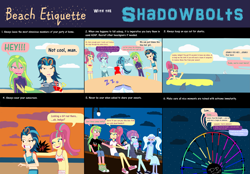 Size: 4503x3126 | Tagged: safe, artist:dazzpocalypse, imported from derpibooru, indigo zap, lemon zest, sonata dusk, sour sweet, sugarcoat, sunny flare, shark, equestria girls, beach, crystal prep shadowbolts, dialogue, ocean, sand, shadow five, shoes, sneakers