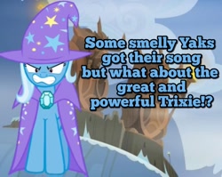 Size: 926x737 | Tagged: safe, edit, edited screencap, imported from derpibooru, screencap, trixie, the hearth's warming club, angry, cape, clothes, hat, hilarious in hindsight, implied song, implied yaks, mouthpiece, teeth, trixie's cape, trixie's hat, yak song