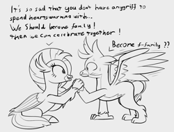 Size: 1273x967 | Tagged: safe, artist:foal, imported from derpibooru, gallus, silverstream, classical hippogriff, griffon, hippogriff, blushing, cute, dialogue, diastreamies, duo, female, friendshipping, gallabetes, gallstream, male, misunderstanding, monochrome, spread wings, text, wingboner, wings