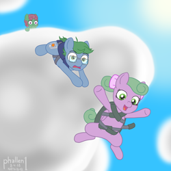 Size: 1500x1500 | Tagged: safe, artist:phallen1, imported from derpibooru, oc, oc only, oc:nimbus (phallen1), oc:software patch, oc:windcatcher, atg 2018, cloud, danger, female, filly, hoof over mouth, jumping, newbie artist training grounds, parachute, rescue, sky, skydiving, windpatch