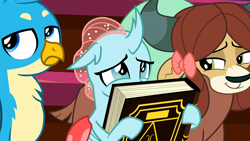 Size: 1280x720 | Tagged: safe, edit, imported from derpibooru, screencap, gallus, ocellus, yona, a matter of principals, book, cute, diaocelles, pony eyes, pony eyes edit, smiling, smirk