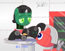 Size: 1783x1422 | Tagged: safe, artist:trackheadtherobopony, imported from derpibooru, oc, oc:maxwell, oc:trackhead, pony, robot, robot pony, repair bay, screen, signature, text