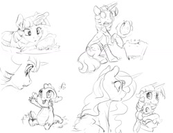 Size: 1320x1020 | Tagged: safe, artist:silfoe, imported from derpibooru, princess luna, spike, twilight sparkle, alicorn, dragon, pony, unicorn, nomad au, alternate universe, baby, baby spike, black and white, dragon egg, female, grayscale, hatching, heart, lineart, magic, male, mare, monochrome, music notes, nervous, royal multiverse, simple background, sweat, telekinesis, unicorn twilight, white background