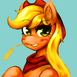 Size: 1200x1200 | Tagged: safe, artist:kunshomos-art, imported from derpibooru, applejack, earth pony, pony, bandana, blue background, cowboy hat, female, hat, looking at you, mare, neckerchief, simple background, solo, straw in mouth