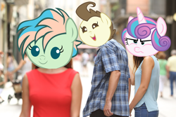 Size: 2500x1667 | Tagged: safe, edit, imported from derpibooru, coral currents, pound cake, princess flurry heart, the hearth's warming club, coralpound, distracted boyfriend meme, female, infidelity, male, meme, poundflurry, shipping, straight