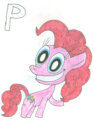 Size: 776x994 | Tagged: safe, artist:sithvampiremaster27, imported from derpibooru, pinkie pie, earth pony, pony, female, grin, initials, letter, looking at you, mare, p, simple background, smiling, solo, text, waving, white background