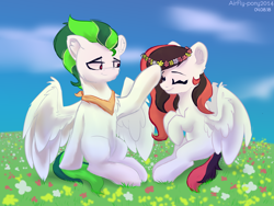 Size: 2000x1500 | Tagged: dead source, safe, artist:airfly-pony, imported from derpibooru, oc, oc only, pegasus, pony, armpits, cloud, female, flower, grass, happy, looking at each other, male, oc x oc, rcf community, shipping, sky, smiling, sunlight, sunny, wings