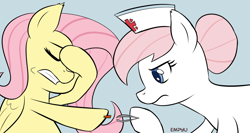 Size: 1000x533 | Tagged: safe, artist:empyu, imported from derpibooru, fluttershy, nurse redheart, earth pony, pegasus, pony, duo, female, gray background, hoof hold, mare, simple background, splinter, tweezers