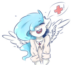 Size: 1280x1101 | Tagged: safe, artist:tavifly, imported from derpibooru, oc, oc only, pegasus, pony, blue hair, blushing, clothes, eyes closed, female, hair over one eye, happy, medic, shirt, simple background, smiling, solo, spread wings, team fortress 2, white background, wings