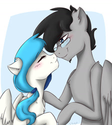 Size: 1280x1431 | Tagged: safe, artist:tavifly, imported from derpibooru, oc, pegasus, pony, black hair, blue eyes, blue hair, blushing, boop, couple, cute, eyes closed, female, glasses, male, mare, noseboop, nuzzling, oc x oc, romantic, shipping, smiling, straight