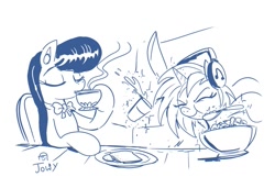 Size: 1019x696 | Tagged: safe, artist:jowyb, artist:jowybean, imported from derpibooru, dj pon-3, octavia melody, vinyl scratch, earth pony, pony, unicorn, bowl, bread, cereal, cup, female, food, headphones, mare, monochrome, plate, spoon, teacup, toast