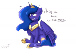 Size: 1280x824 | Tagged: safe, artist:tavifly, imported from derpibooru, princess luna, alicorn, pony, a royal problem, alternate cutie mark, blushing, crown, female, grin, mare, nervous, nervous grin, peytral, regalia, simple background, sitting, smiling, solo, spread wings, white background, wings