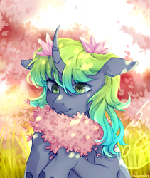 Size: 1435x1700 | Tagged: safe, artist:kottonashi, imported from derpibooru, oc, oc only, oc:sakura, changeling, pony, changeling oc, cherry blossoms, curved horn, digital art, female, flower, flower blossom, flower in hair, mare, signature, solo, ych result