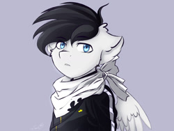 Size: 1280x962 | Tagged: safe, artist:tavifly, imported from derpibooru, oc, oc only, pegasus, pony, black hair, blue eyes, bust, clothes, looking at you, male, simple background, solo, wings