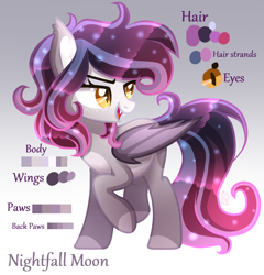 Size: 1360x1417 | Tagged: safe, artist:sugaryicecreammlp, imported from derpibooru, oc, oc only, oc:nightfall moon, bat pony, pony, bat pony oc, cute, cute little fangs, digital art, fangs, female, freckles, mare, open mouth, pale belly, reference sheet, solo