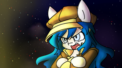 Size: 2732x1536 | Tagged: safe, artist:spheedc, imported from derpibooru, oc, oc only, oc:light chaser, earth pony, pony, blue hair, clothes, crossed arms, evil grin, female, grin, hat, mare, smiling, solo, space