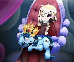 Size: 4176x3500 | Tagged: safe, artist:n0nnny, imported from derpibooru, oc, oc only, oc:sky streak, human, pegasus, pony, blush sticker, blushing, braid, clothes, commission, crown, female, gloves, jewelry, looking up, mare, open mouth, regalia, smiling, throne, throne room, throne slouch