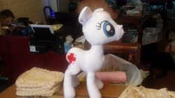 Size: 3264x1836 | Tagged: safe, imported from derpibooru, nurse redheart, pony, cutie mark, fabric, female, no mane, no tail, nurse, plushie, prototype, solo, wip