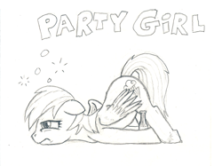 Size: 1147x858 | Tagged: safe, artist:friendshipishorses, imported from derpibooru, rainbow dash, pony, alcohol, atg 2018, bottle, drunk, drunk bubbles, drunker dash, female, monochrome, newbie artist training grounds, solo, traditional art