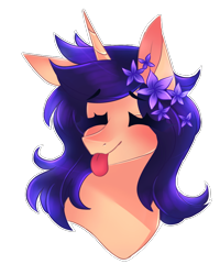 Size: 800x1000 | Tagged: safe, artist:waterz-colrxz, imported from derpibooru, oc, oc only, oc:watercolors, pony, unicorn, eyes closed, female, flower, flower in hair, mare, simple background, solo, tongue out, transparent background