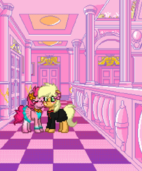 Size: 500x603 | Tagged: safe, artist:lisaloudleijon, imported from derpibooru, applejack, pinkie pie, pony, pony town, applepie, female, kissing, lesbian, pixel art, shipping