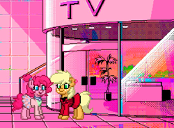 Size: 690x508 | Tagged: safe, artist:lisaloudleijon, imported from derpibooru, applejack, pinkie pie, 80's fashion, 80s, applepie, female, lesbian, pixel art, shipping