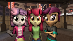 Size: 1024x576 | Tagged: safe, artist:tannerthecat1996, imported from derpibooru, apple bloom, scootaloo, sweetie belle, equestria girls, 3d, city, clothes, cutie mark crusaders, scenery
